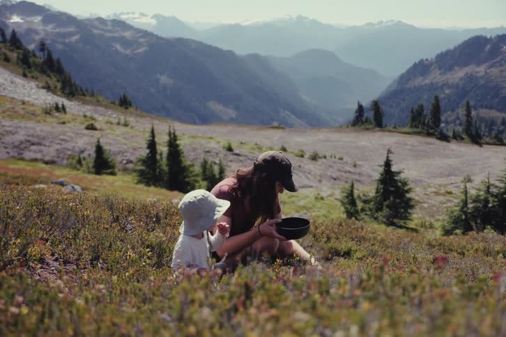 A mother and her young child pick wild berries together in a scenic mountain meadow on a sunny day