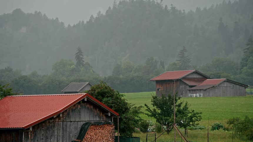 Rain falling on rustic wooden farmhouses nestled in a lush green valley with a dense forest in the background