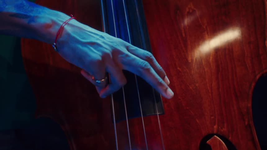 A musician's tattooed hand with a ring and bracelet plays the strings of a double bass under blue and red stage lights