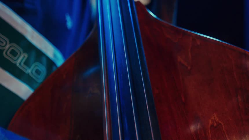 A musician plucks the strings of a double bass in a close-up shot under moody blue stage lighting