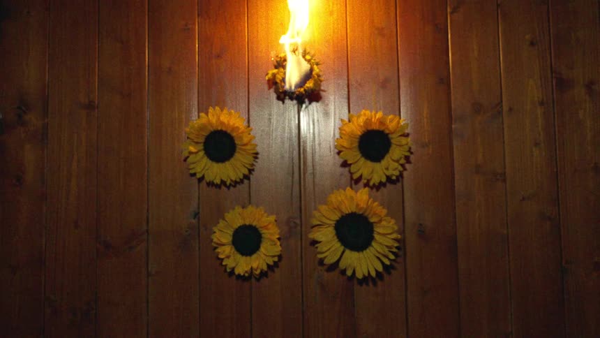 A burning wreath illuminates four sunflowers on a dark wooden wall before the flame extinguishes