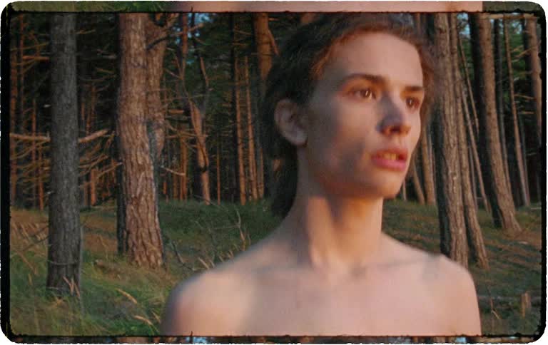 A shirtless young man emerges from the trees in a golden hour forest and gazes thoughtfully into the distance