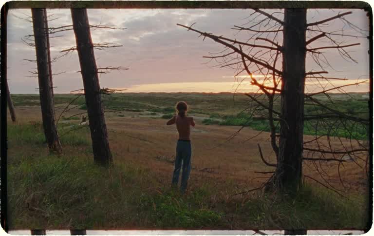 A young man with long hair stands shirtless on a grassy hill at dusk, contemplating the serene sunset over a vast natural landscape