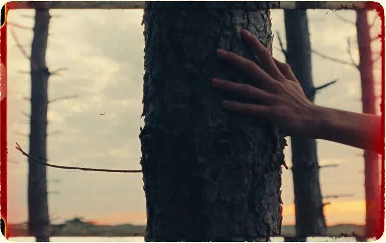 A person's hand gently rests on a tree trunk at sunset, captured with a nostalgic, vintage film aesthetic