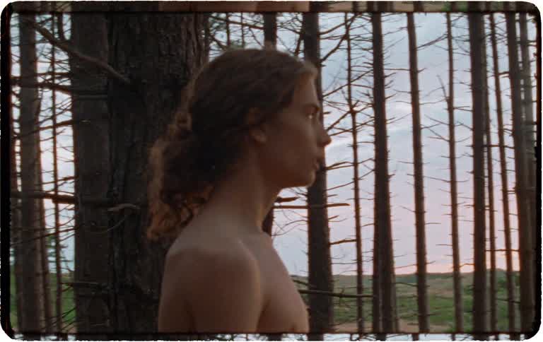 A thoughtful, shirtless young man with long hair stands among pine trees at sunset, looking out over grassy sand dunes