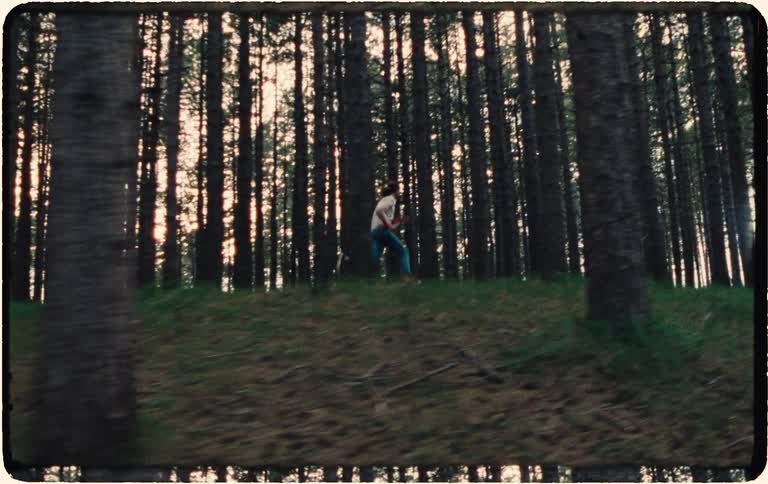 A vintage-style tracking shot follows a man running freely through a dense pine forest, emerging onto a sandy clearing