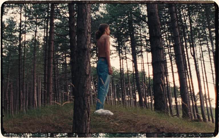 Vintage footage captures a shirtless young man with long hair standing contemplatively on a hill in a pine forest at sunset before stretching