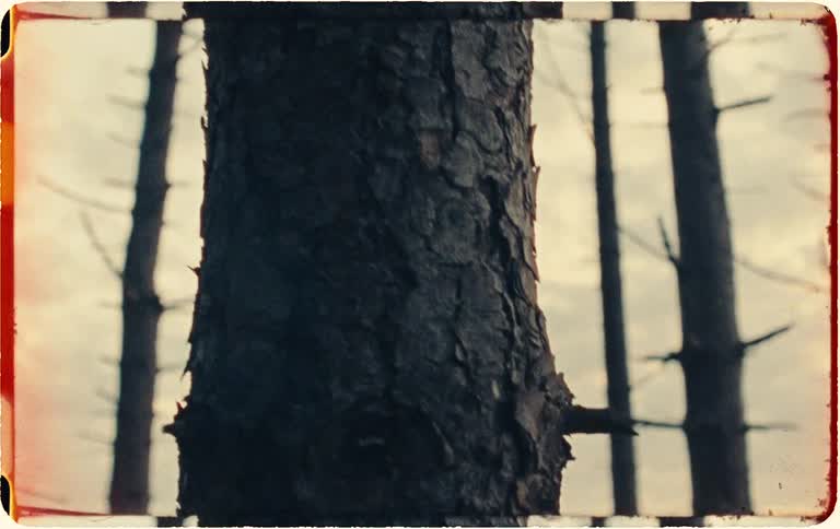 A close-up of a hand gently touching the rough bark of a pine tree in a forest, captured with a vintage film aesthetic