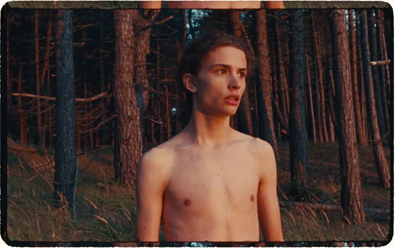 Shirtless young man walks through a pine forest at golden hour and pauses with a contemplative gaze
