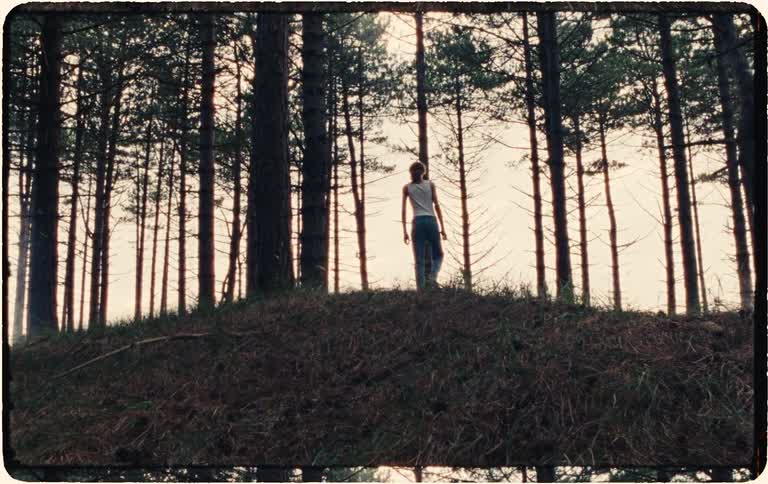 A young person walks up a hill into a pine forest, removes their shirt, and watches the sunset in a vintage film style shot