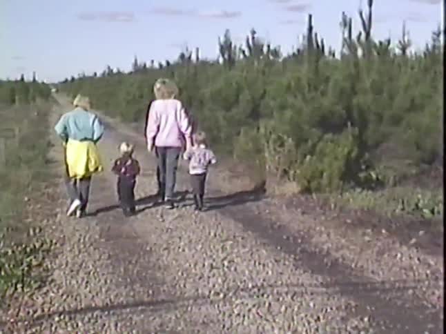 A family walks past a sign for 'Christmas Tree Lane' and down a long dirt road at a tree farm in this vintage footage