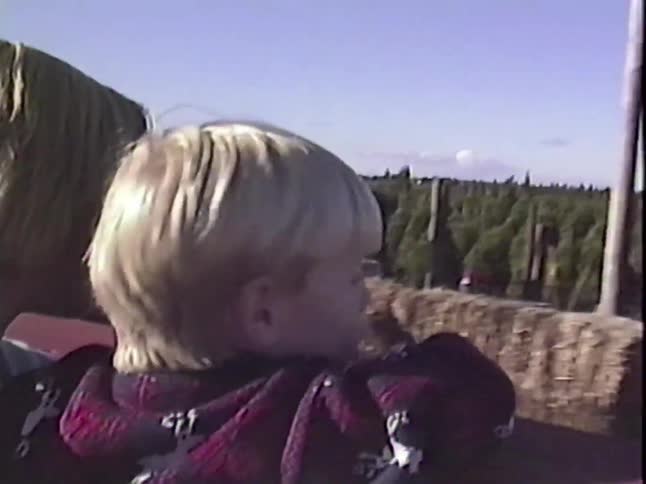 A young blond child in a cozy sweater enjoys a hayride through a Christmas tree farm on a sunny day