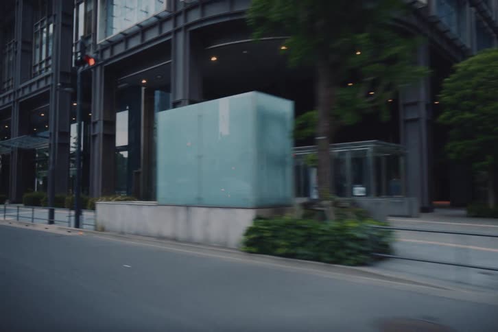 A side-view driving plate of a serene and empty urban street lined with modern glass office buildings and trees