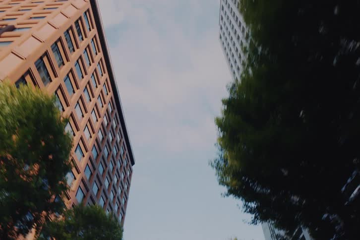 A low-angle forward-moving shot looks up at the sky between tall city buildings and green trees