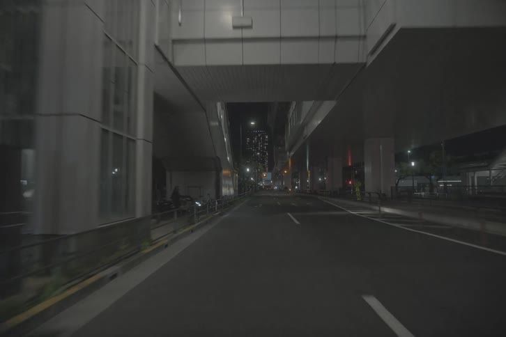 A point-of-view shot driving through the quiet, modern streets and under a large overpass in a Japanese city at night