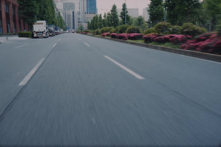 Point of view of a vehicle driving along a tree-lined city street in Tokyo, Japan, passing other cars and trucks