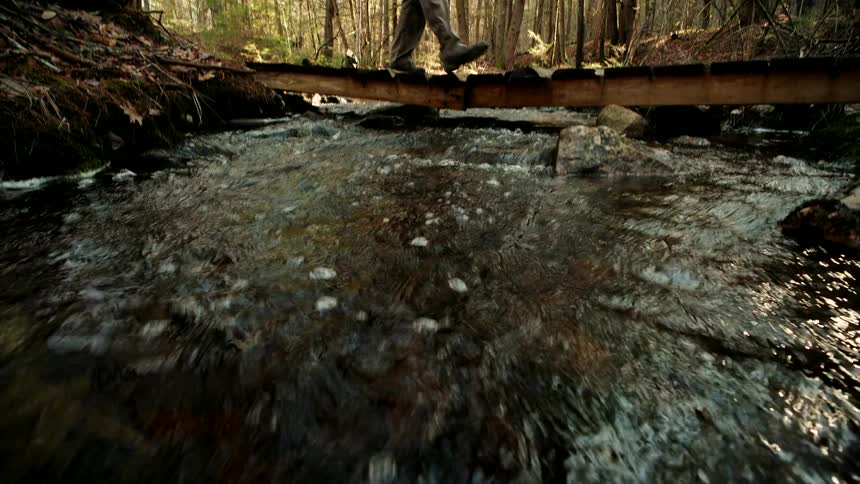 A low-angle view from a flowing stream reveals a hiker crossing a rustic wooden bridge in a sunlit forest