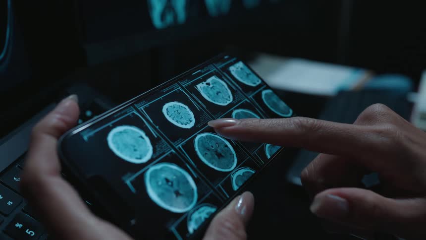 A medical professional carefully analyzes a patient's brain CT scans on a smartphone in a dark medical office