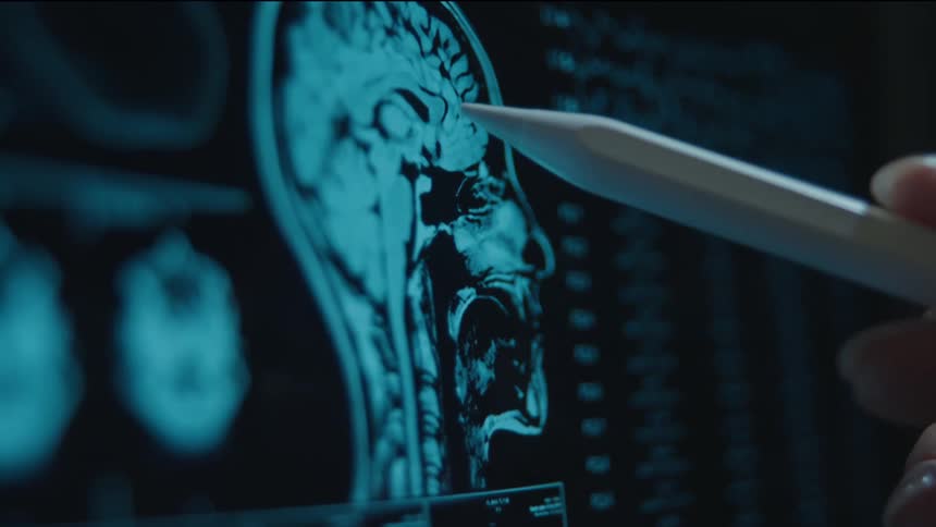 A close-up of a doctor or researcher using a stylus to analyze a human brain MRI scan on a digital screen