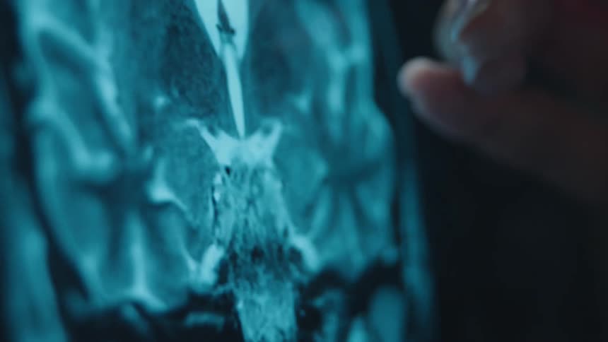 Close up of a doctor using a stylus to analyze a digital MRI brain scan on a high-resolution tablet screen