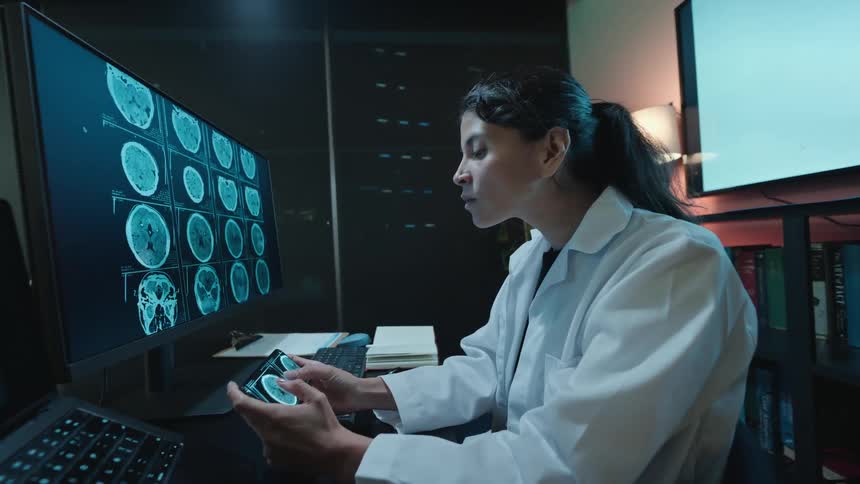 A focused female medical professional analyzes CT brain scans on her computer monitor and smartphone in a dark, modern office