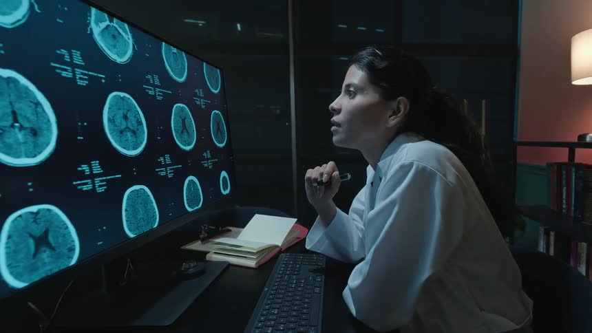 A focused female doctor studies brain CT scans on a computer monitor while working late in her dark office