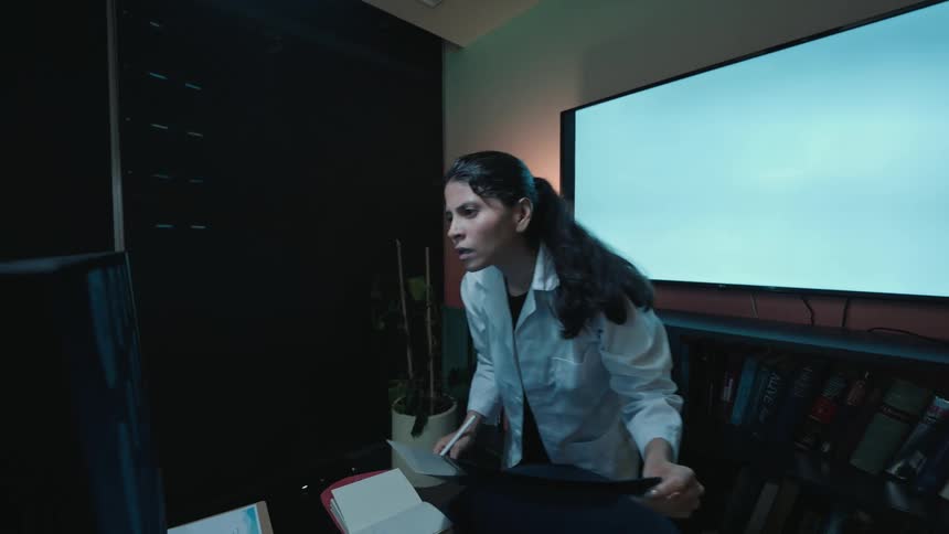 A dedicated female doctor in a dimly lit office intensely analyzes a patient's ultrasound scan on a light panel and computer