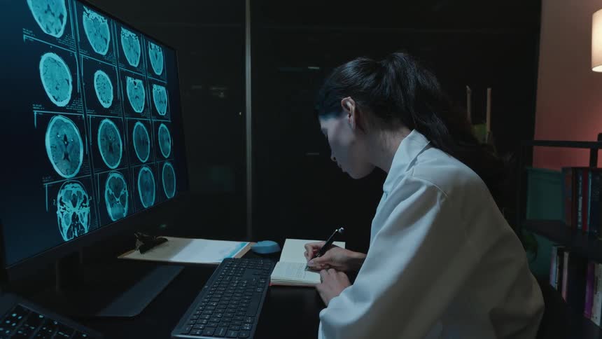 A focused female radiologist examines a patient's CT brain scan on her computer screen and takes notes