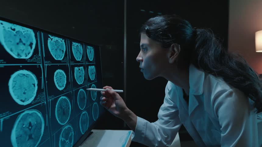 A focused female doctor in a dark office analyzes a patient's digital brain scans on a large computer screen