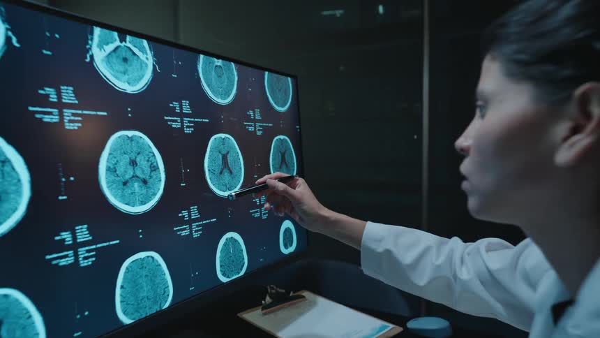 A doctor points to a brain scan on a large screen, the camera pulling back to reveal her analyzing the results in a dark office