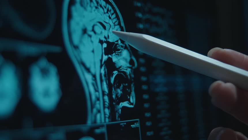 Close-up of a doctor pointing at a digital MRI brain scan on a screen with a stylus