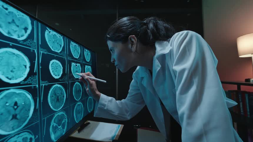 Focused female doctor in a lab coat analyzes a patient's CT brain scan on a large screen in a dark office