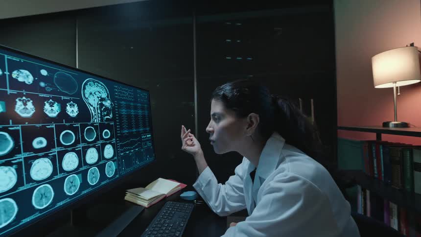Female neurologist in a white lab coat intently studies MRI brain scans on a computer screen in a dark, modern office