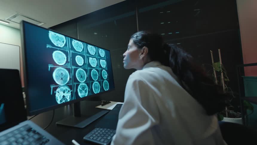 A dedicated female doctor in her office at night carefully analyzes a patient's brain scan, comparing a physical film to digital images on her computer