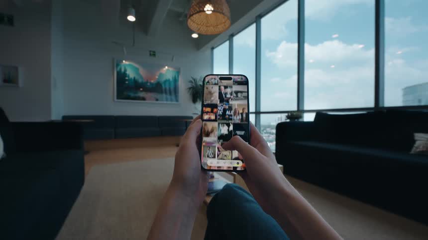 First-person view of a person scrolling through a social media photo feed on a smartphone in a modern lounge