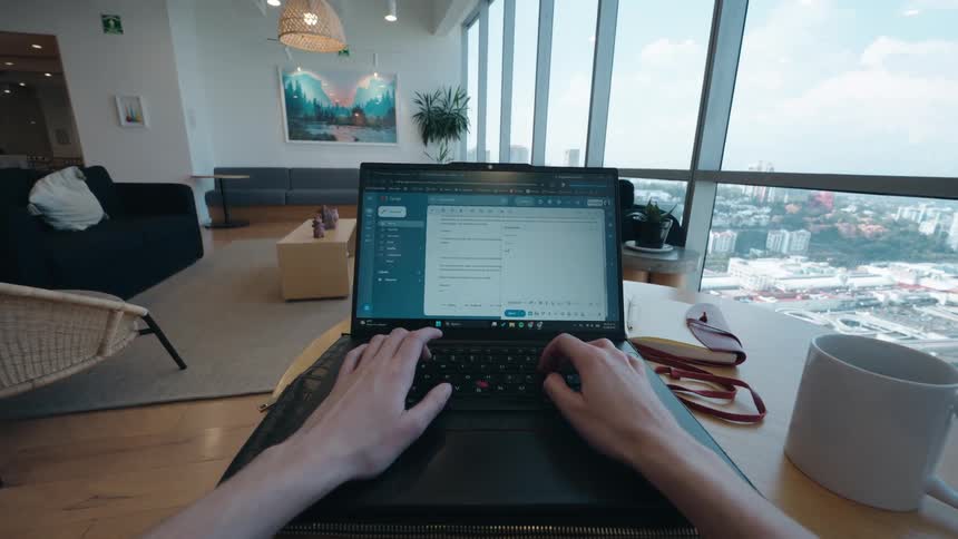 A first-person perspective of a person typing on a laptop in a modern high-rise apartment with a city view