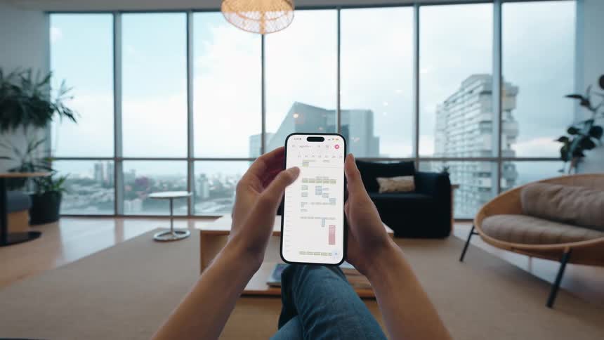 First-person perspective of hands scrolling through a scheduling app on a smartphone in a modern apartment overlooking a city skyline
