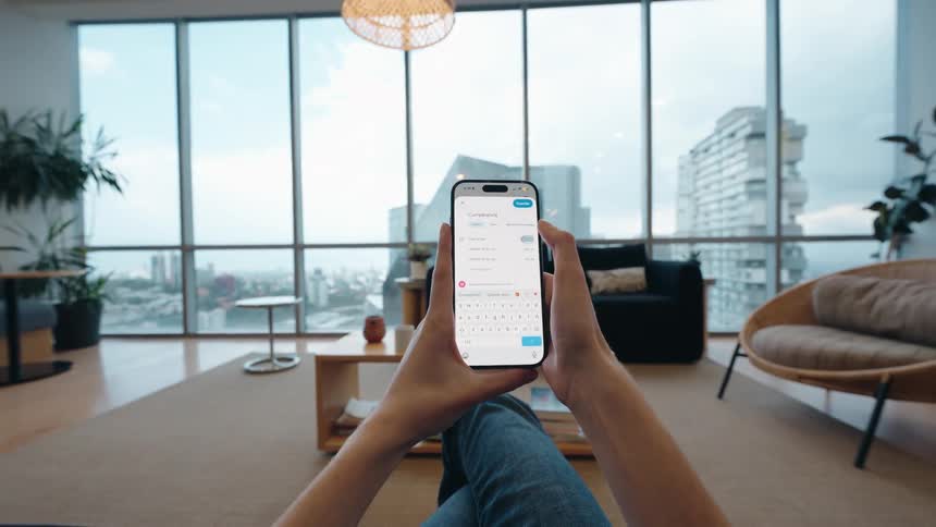 A first-person perspective of a person using a smartphone while relaxing in a modern apartment with a panoramic view of the city skyline
