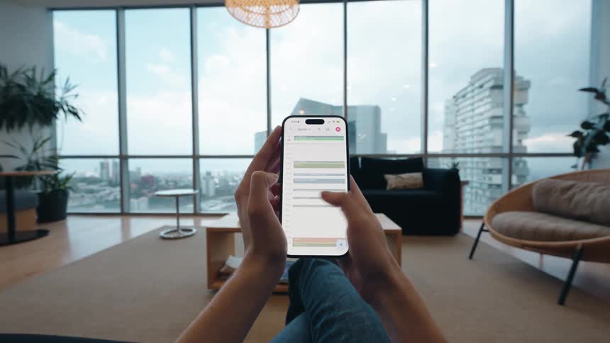 Point-of-view of a person using a calendar scheduling app on their phone while relaxing in a modern city apartment