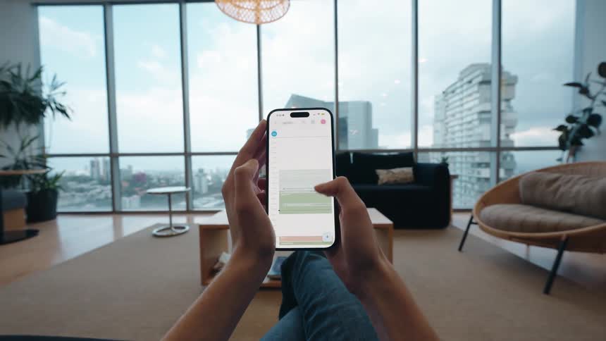 Point of view of a person using a mobile calendar app to organize their schedule in a modern living room with a city view