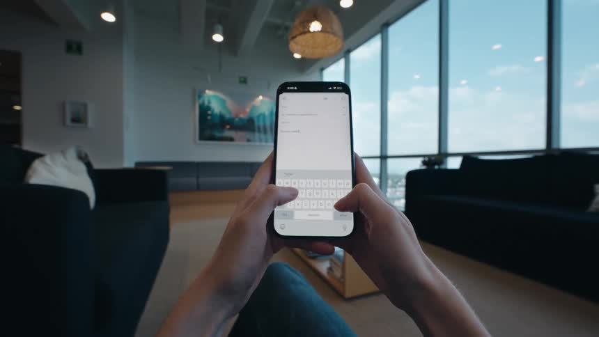 First-person perspective of a person typing a message on a smartphone while sitting in a modern lounge area