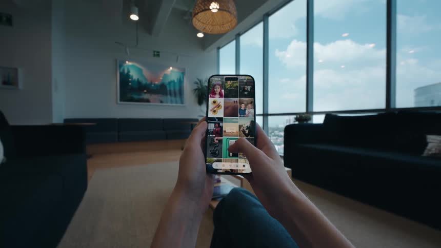POV of a person endlessly scrolling through a social media profile on their phone in a stylish, modern office lounge with large windows