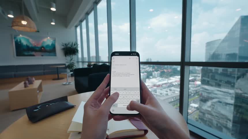 POV shot of a person typing a message on their smartphone while sitting in a modern high-rise office with a city view