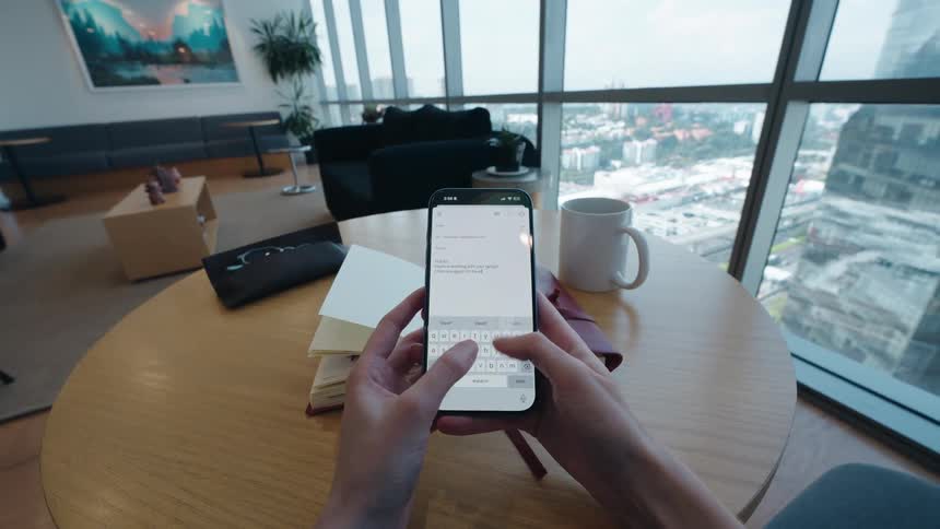 First-person perspective of typing a message on a smartphone while sitting with coffee in a modern apartment overlooking the city