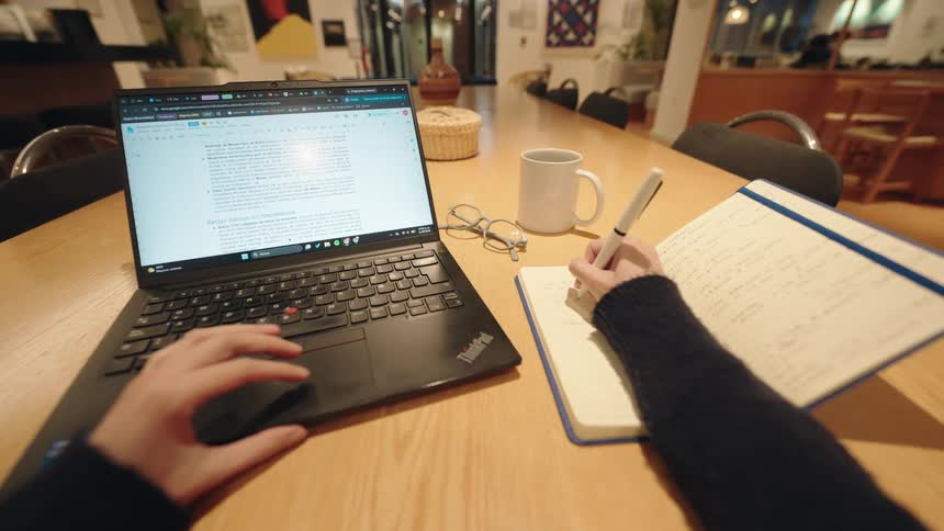 A POV shot of a person working on a laptop while writing in a notebook at a modern office desk