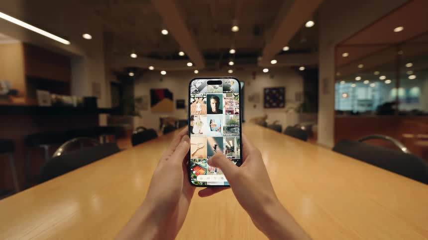 First-person view of scrolling through a vibrant image feed on a smartphone over a long wooden table in an office