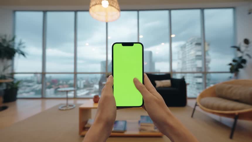 First-person perspective of hands using a smartphone with a green screen in a modern high-rise apartment overlooking the city