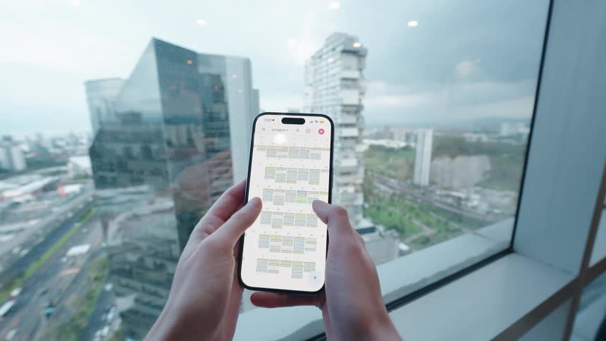 First-person view of hands organizing a schedule on a calendar app on a smartphone in a high-rise office overlooking a cityscape