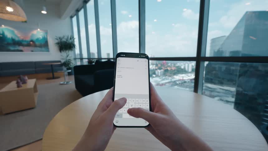 A person types a message on their smartphone while sitting at a table in a modern office with panoramic city views