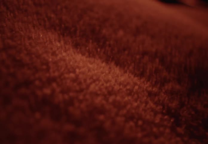 An abstract macro shot shows red granular particles vibrating and shifting into beautiful patterns from sound waves